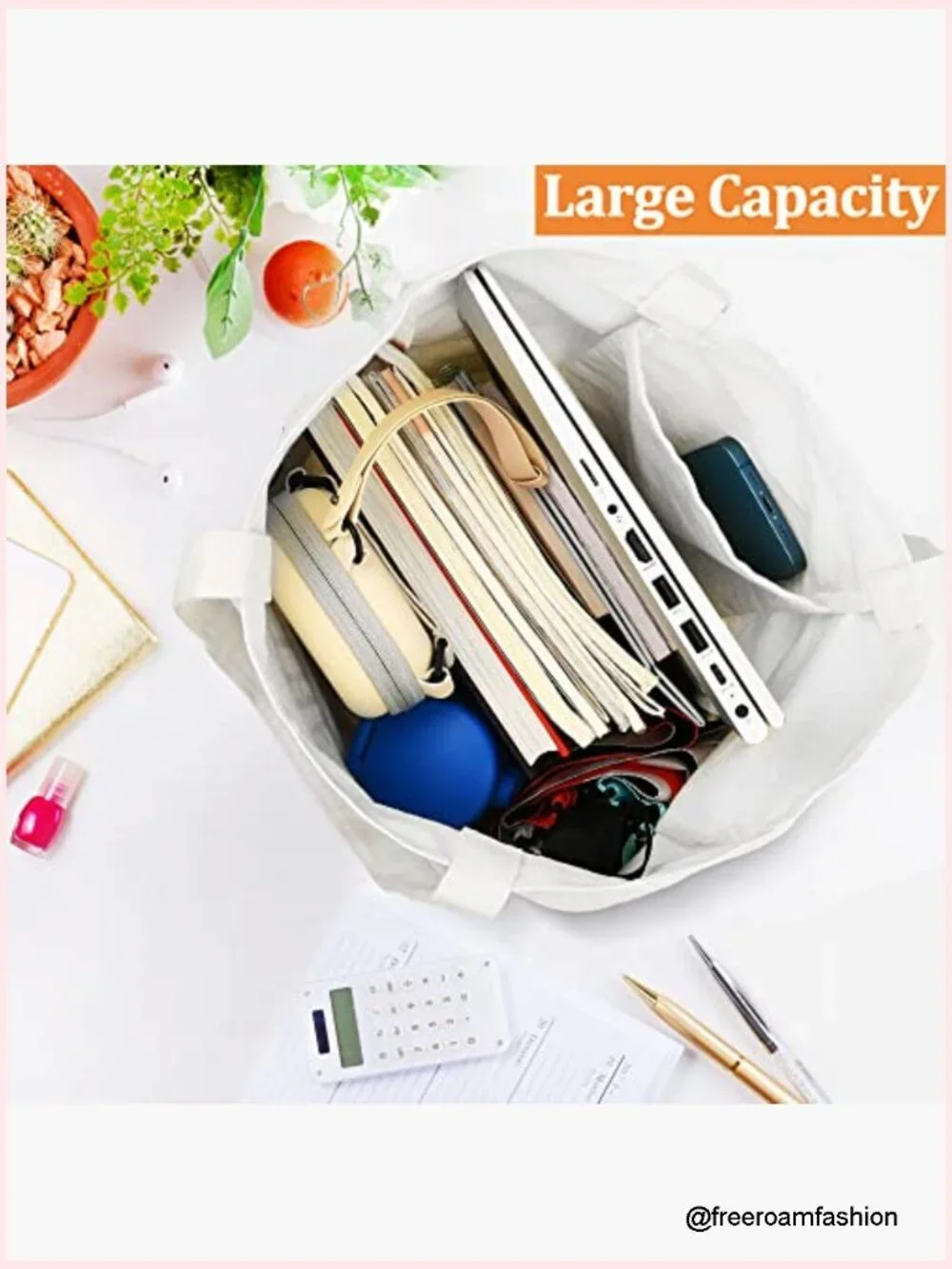 Cotton Canvas Tote Bag with Zipper Handles, Large Capacity, Reusable